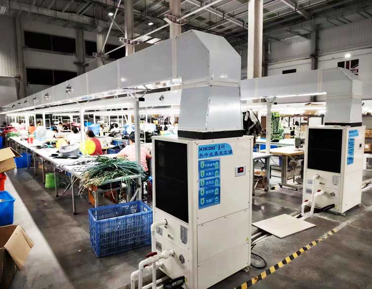 制衣廠區(qū)域崗位降溫，安裝蒸發(fā)冷省電空調(diào)-立式管道機